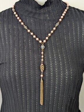 Pink Pearl and Gold Tassel Y-Necklace Jewelry